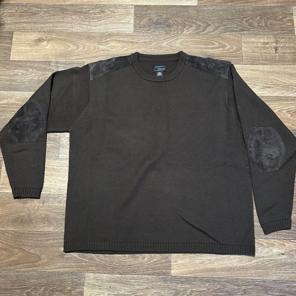 Cezani Sweater Mens XXL Brown Wool Blend Leather Elbow Patch Shoulder Trim